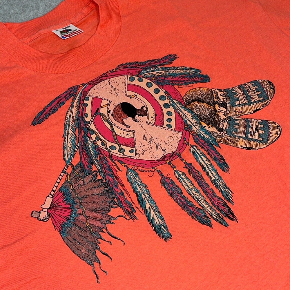Vintage Novelty Shirt Tshirt Large Naitive American Neon Orange Festival Boho